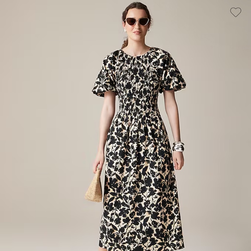 J. Crew Black and White Puff Sleeve Midi Sundress